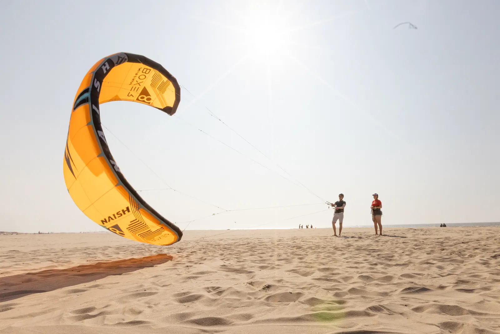 Kite über einem weiten, leeren Sandstrand
