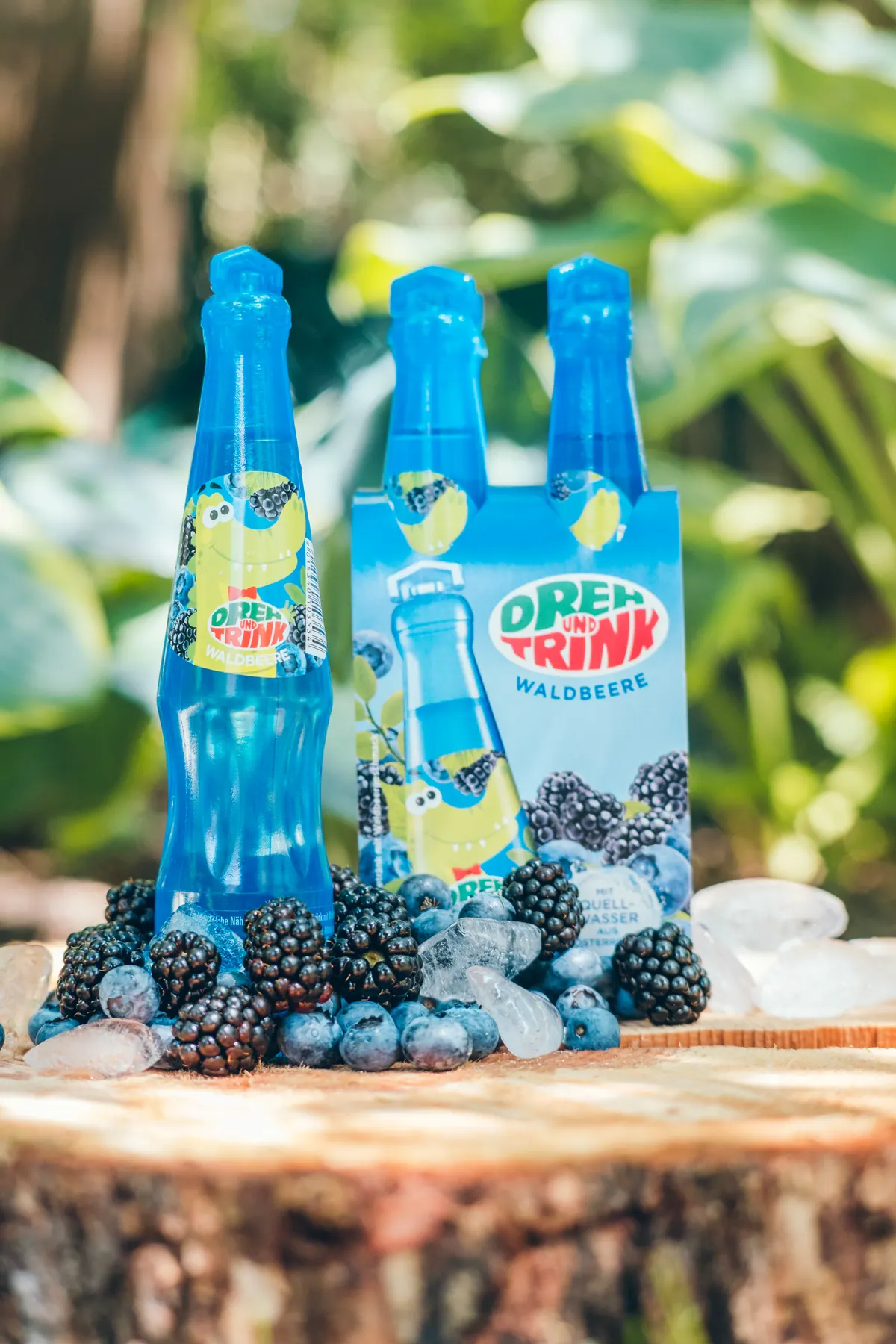 Drei Limonadenflaschen auf einem Baumstamm zwischen Beeren und Eis